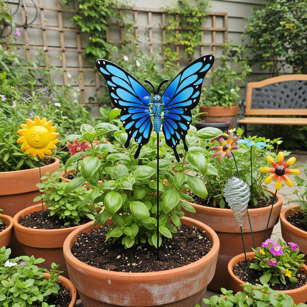 Blue butterfly garden stake among potted plants with a sunflower and other decorative elements.