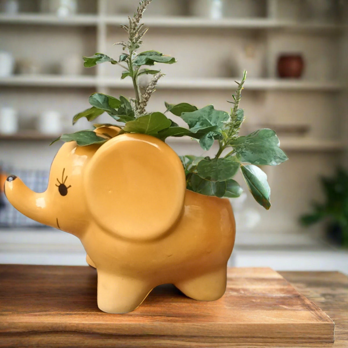 A ceramic planter in the shape of a baby elephant, painted in yellow with green plants inside it, placed on a wooden surface.