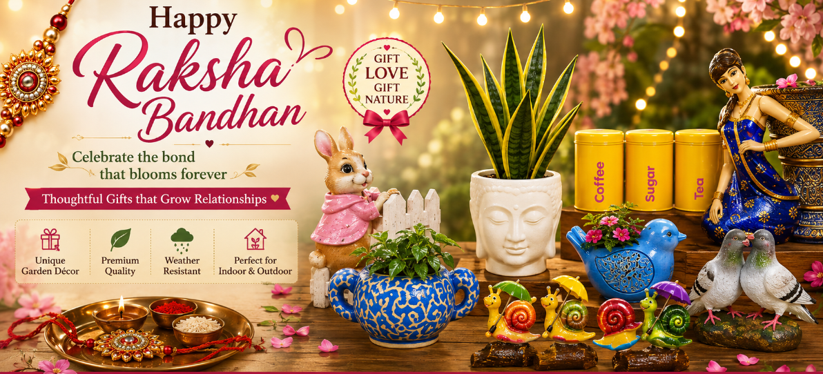 A festive Raksha Bandhan gift bundle display featuring a blue patterned teapot, a white face-shaped planter with a snake plant, yellow coffee and sugar tins, a blue teapot, decorative figurines, a rabbit doll, and a diya set, arranged on a table with a warm bokeh background.