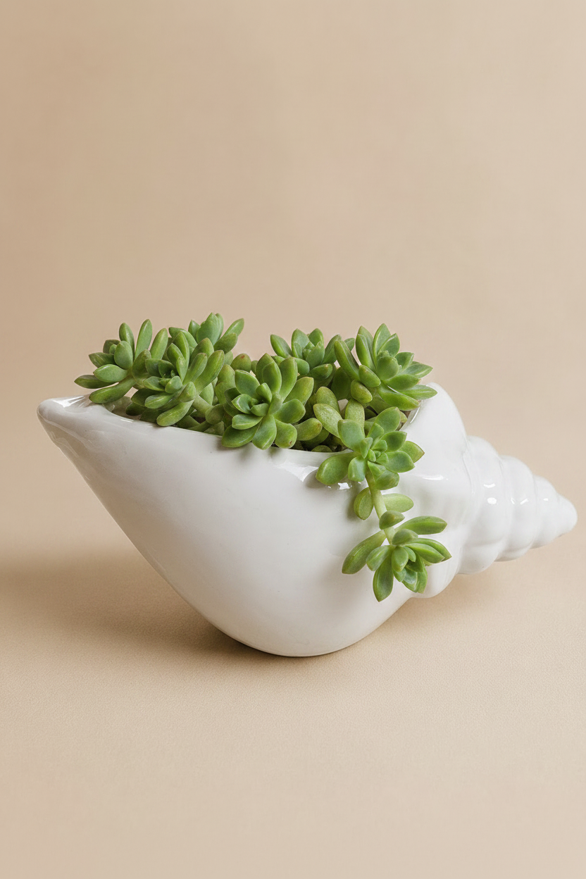 A white ceramic pitcher shaped like a seashell, shown on a solid beige background.