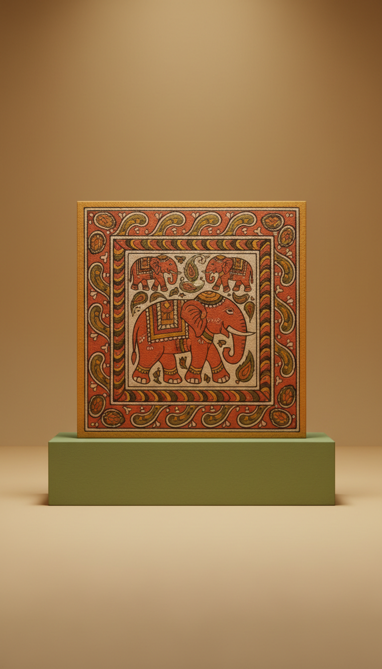 Hand-Painted Wall Art Panel with Folk Motifs