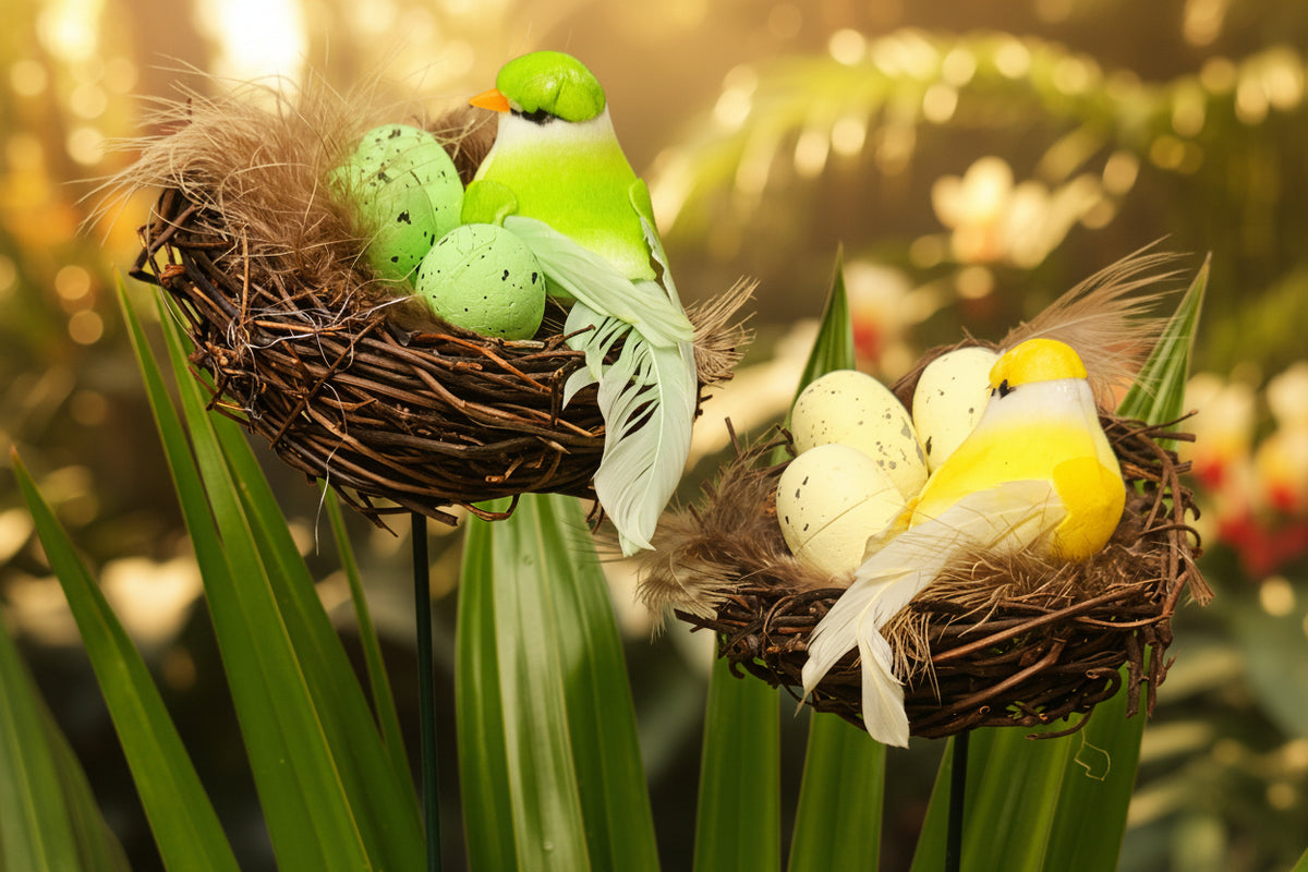 Two small plush toy birds perched in hanging nests, styled among large green palm leaves against a wood-paneled wall and tiled floor.