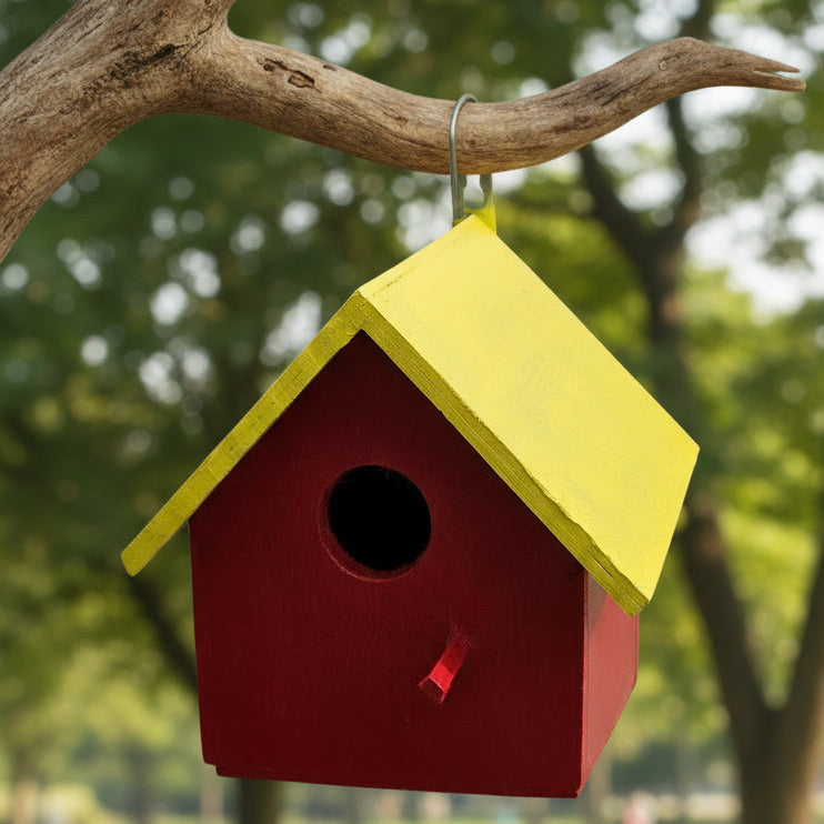 Red and yellow birdhouse attached to a wall
