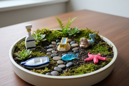 Collection of small decorative items including a bottle, boat, fish, and starfish on a brown surface.