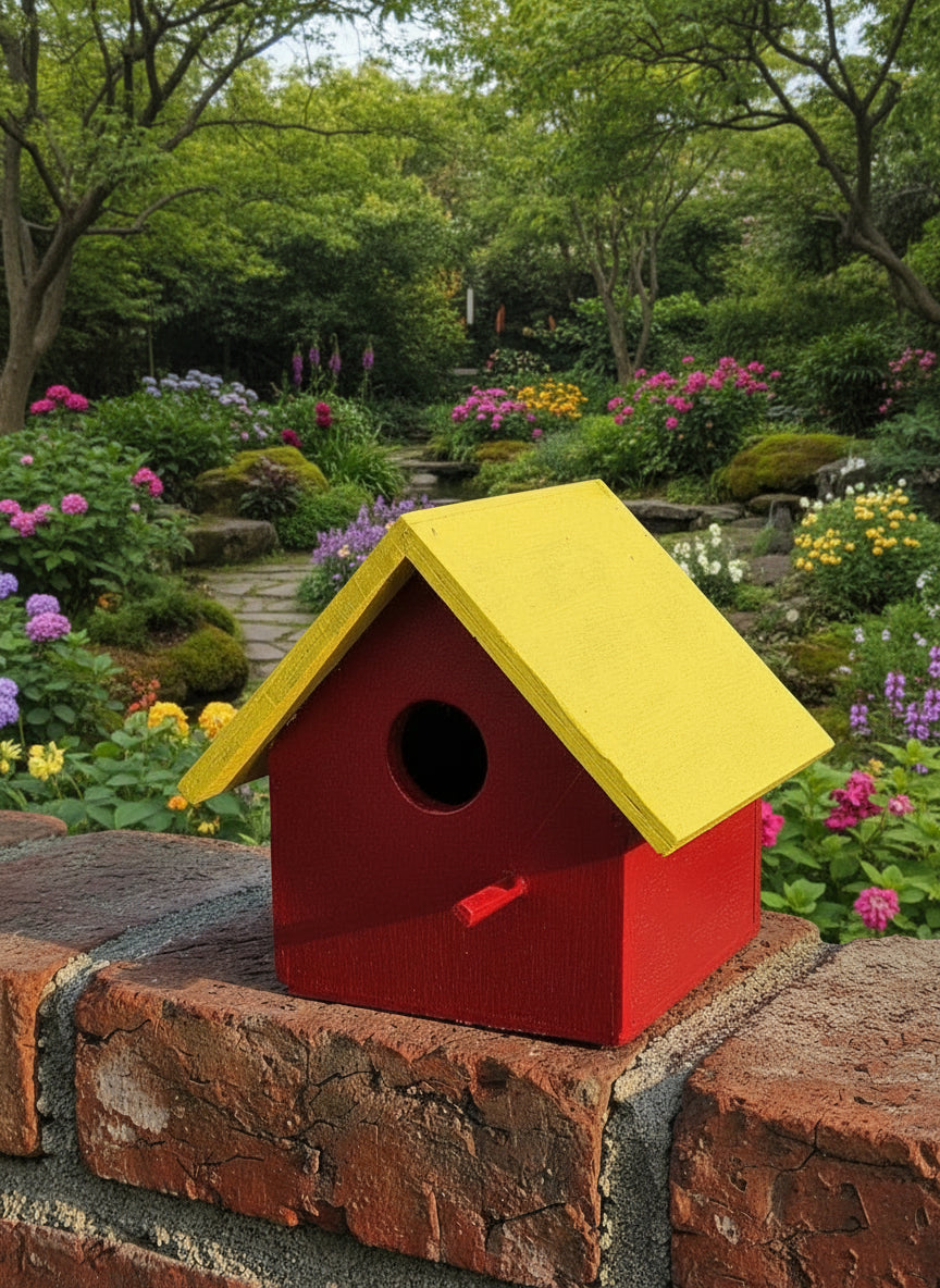 Red and yellow birdhouse on a brick ledge with a city garden background