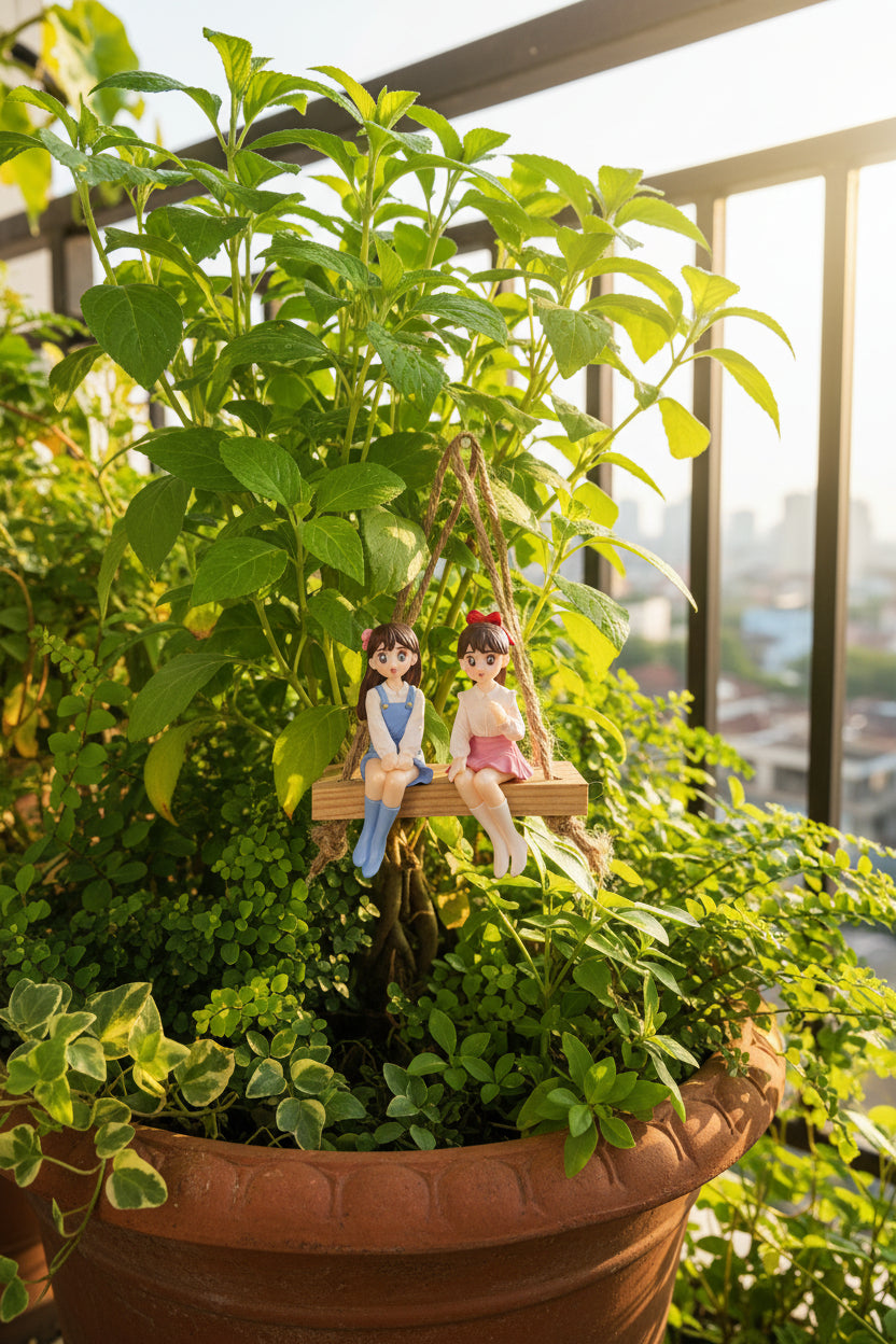 Two dolls on a swing against a plain background