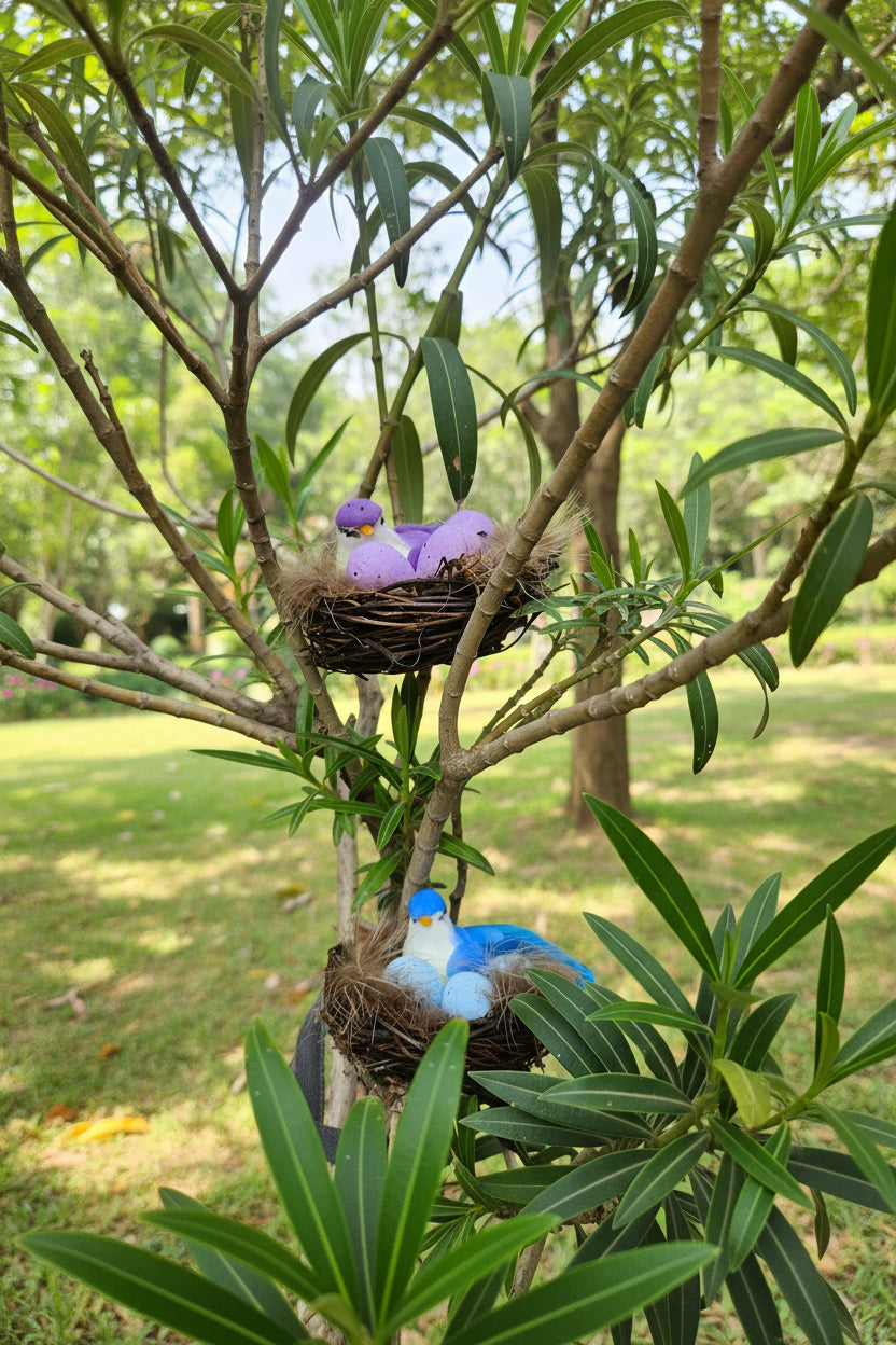 Two decorative bird nests hanging from tree branches, one holding purple plush eggs and the other holding blue plush eggs, set against a tiled wall background.