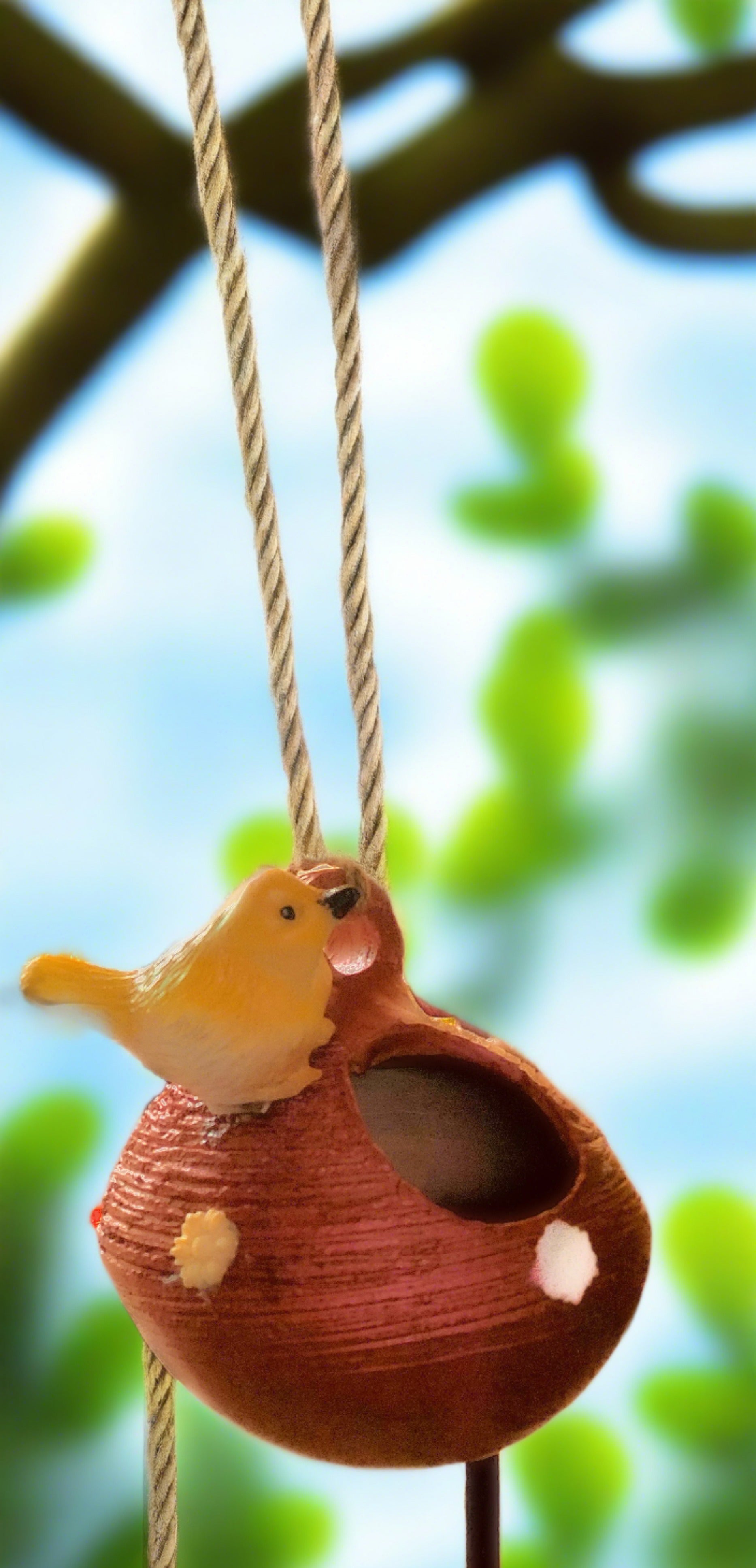 Material - Terracotta with Resin bird; Can be hung outdoors as the color will not fade by rain or sunlight Hand Painted and Hand Crafted. <br><br>Colour of bird on availability; Yellow;Pink; Purple;Orange